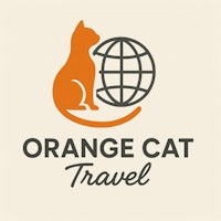 logo design of an orange cat next to a stylized globe